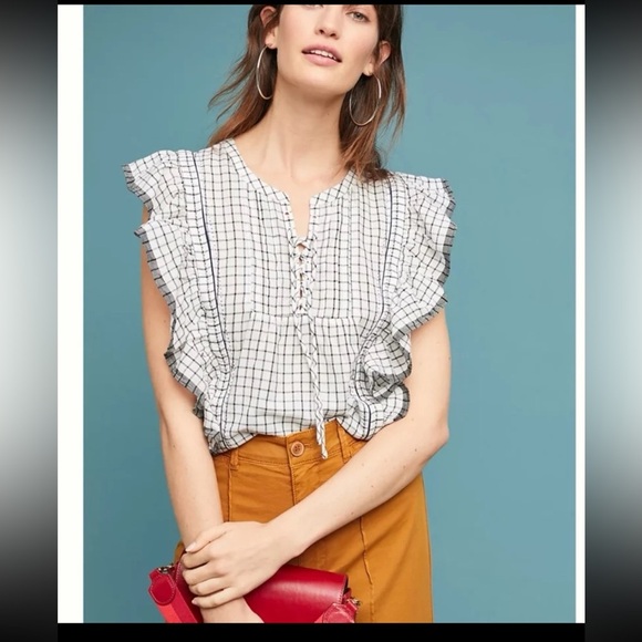 Anthropologie Scotch & Soda Lace Up Neck Ruffle Sleeve Top, White/Navy
Medium - Picture 2 of 12
